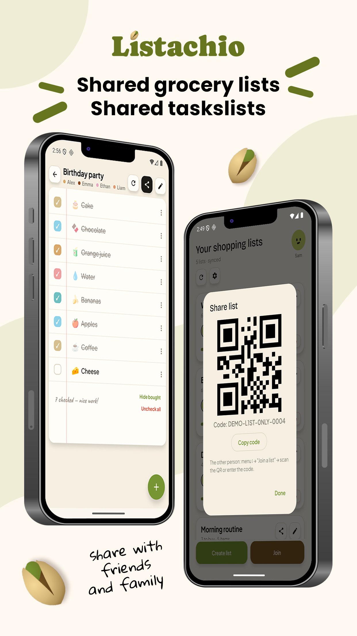 Two phones side by side: a shared grocery list and the share screen with a QR code.