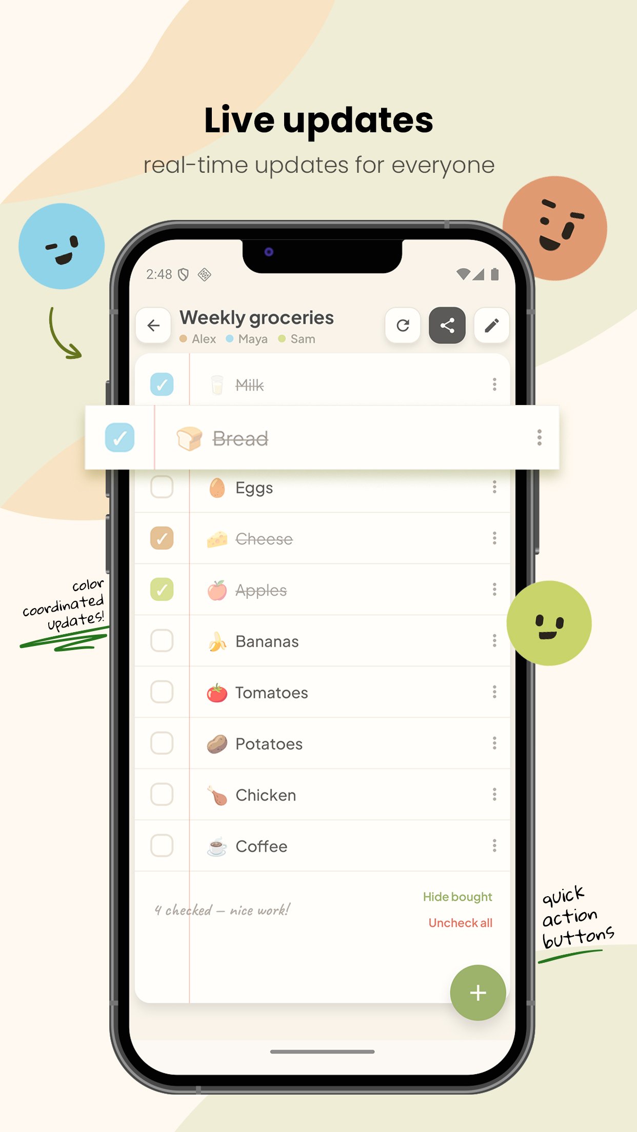 A list updating live, with each ticked item showing who checked it off.
