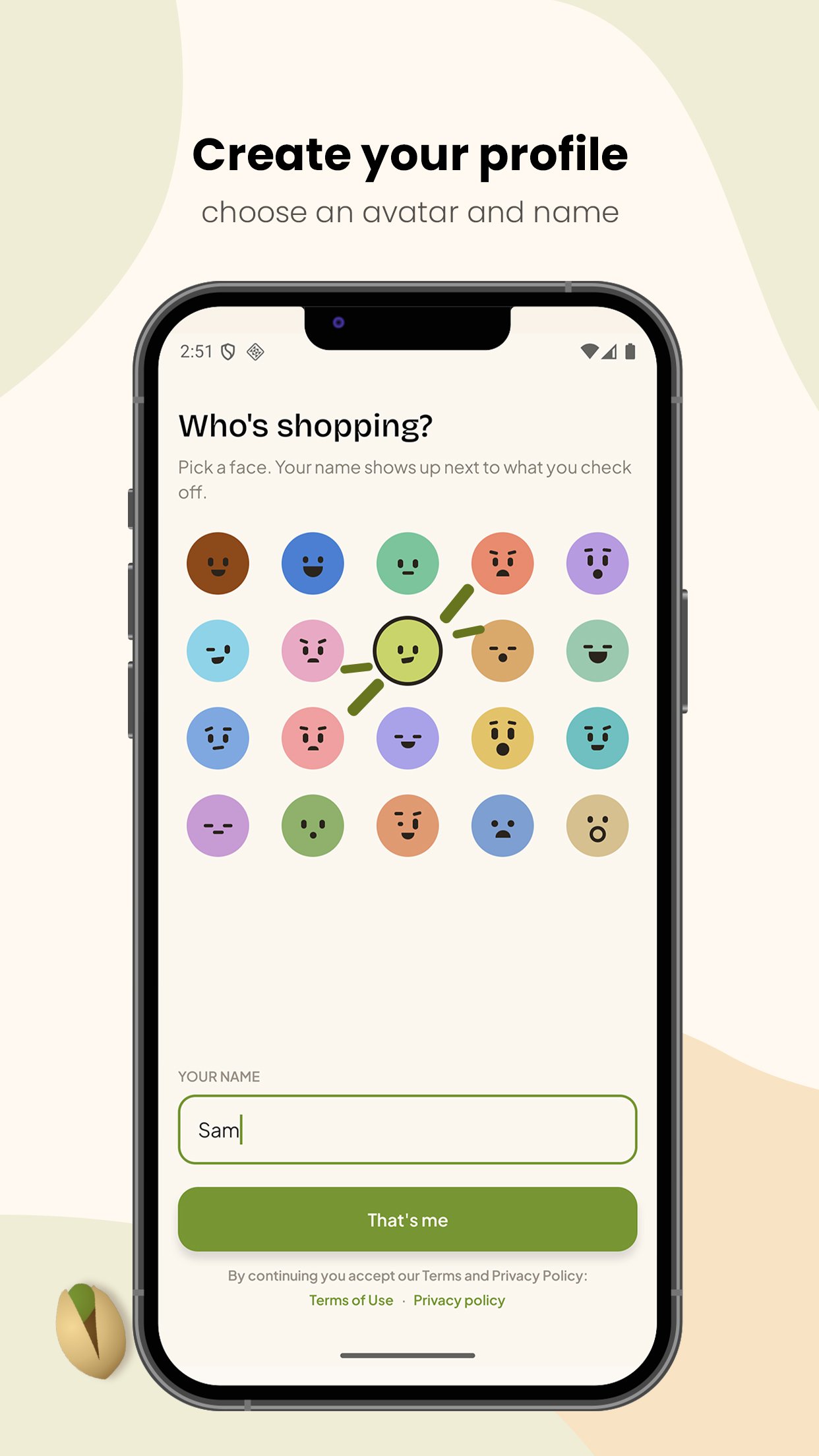 Profile setup: choosing a face from a grid of avatars and typing a name.