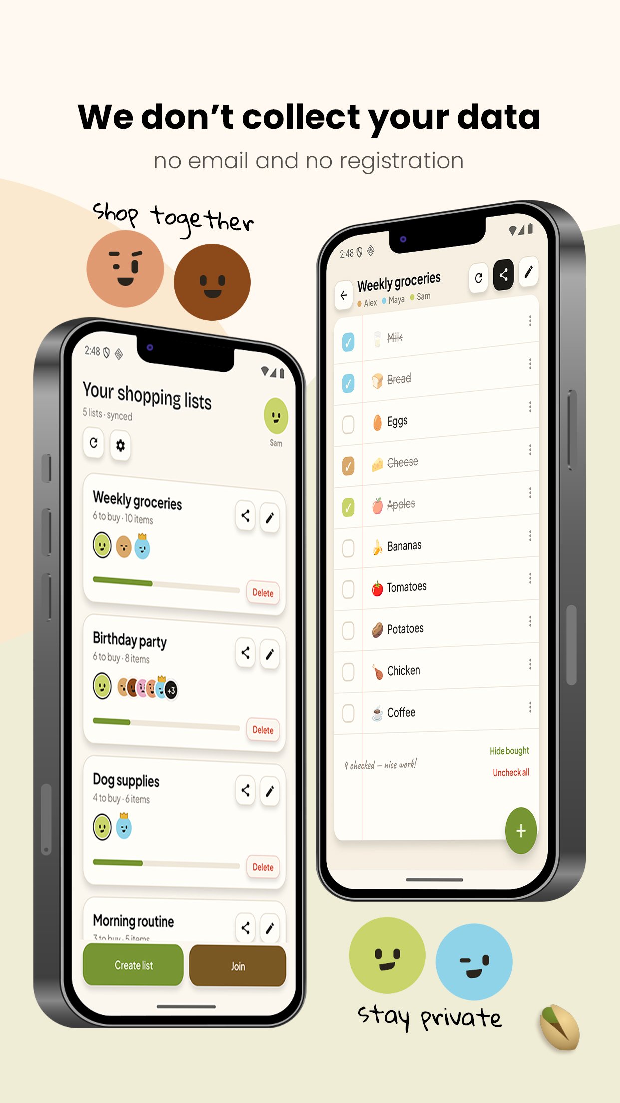 Privacy promise: no e-mail and no registration needed to use the app.